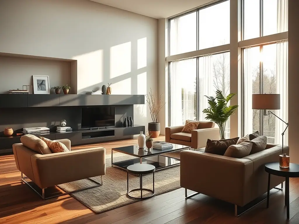 A modern living room with new flooring, fresh paint, and stylish trim, showcasing a completed home renovation by ProDone Renovation Group.
